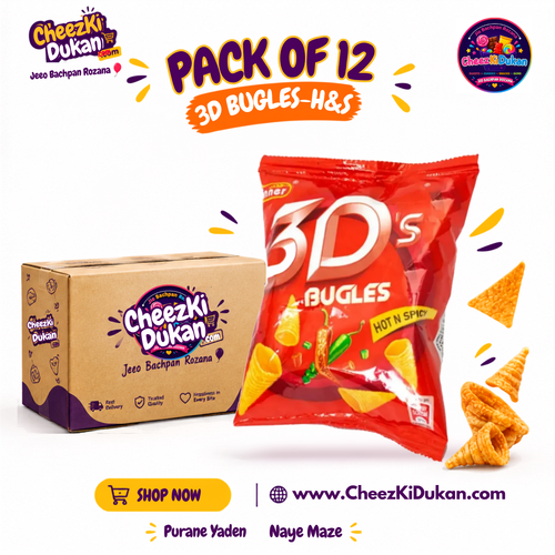 Ashraf Products 3D Bugles Hot N Spicy flavour pack of 12 - CheezKiDukan